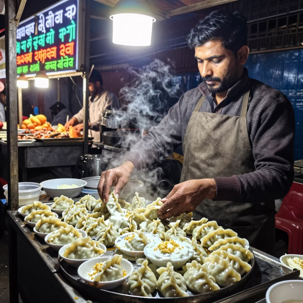 Late Night Street Food Vendor Serving Manti Dumplings in Busy Delhi India Night Market in in Delhi, India