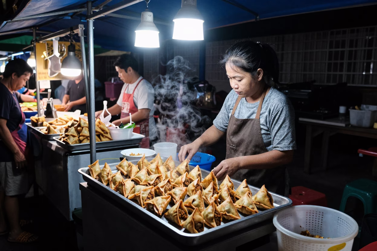 Late Night Street Food Vendor Serving Sambusa and Ceramic Pitchers in Chiang Mai Thailand in in Chiang Mai, Thailand