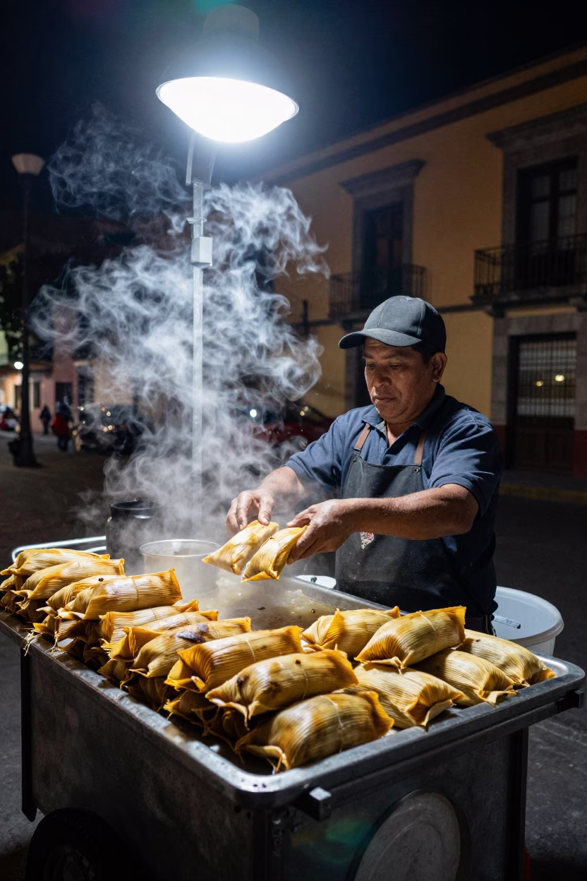 Late Night Street Food Vendor Serving Tamales in Mexico City Urban Night Scene in in Mexico City, Mexico