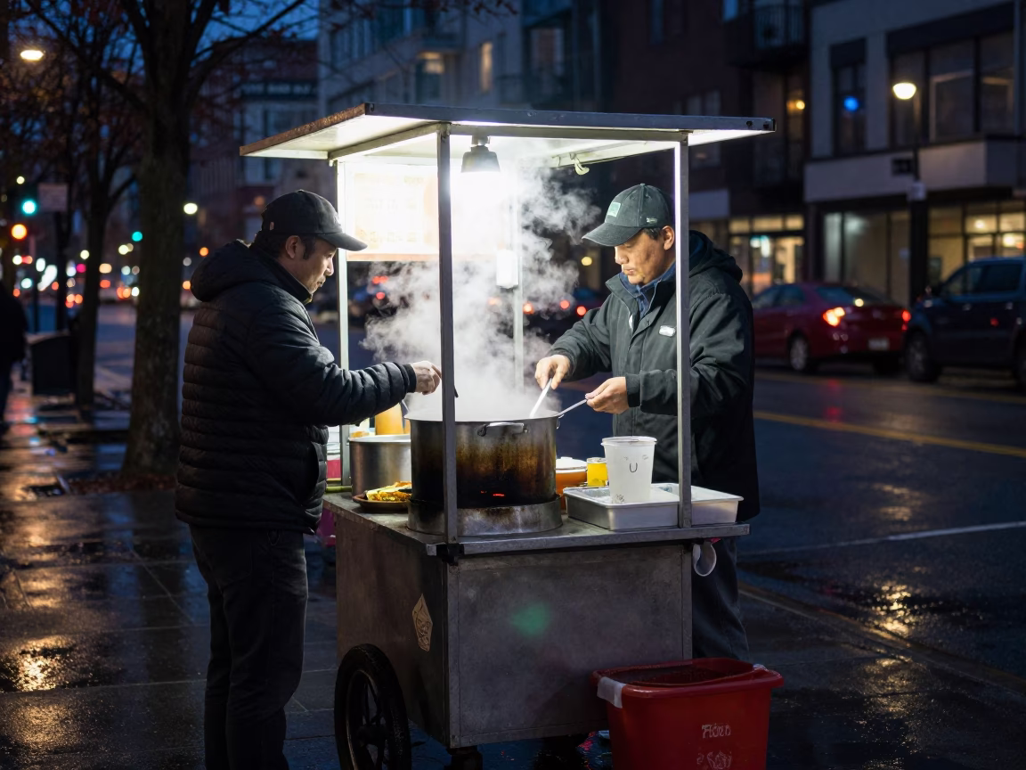 Late Night Street Food Vendor with Condensation and Urban Vancouver Atmosphere in in Vancouver, British Columbia, Canada