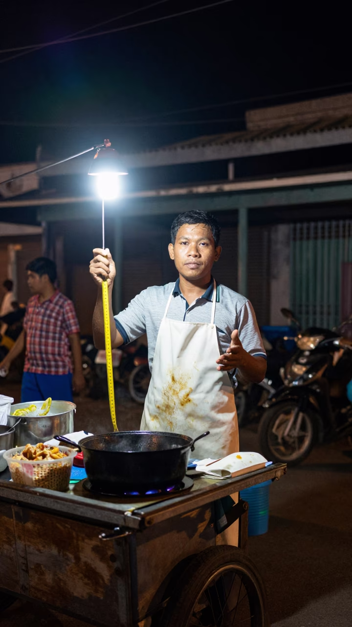 Late Night Street Food Vendor with Measuring Tape in Phnom Penh Cambodia in in Phnom Penh, Cambodia