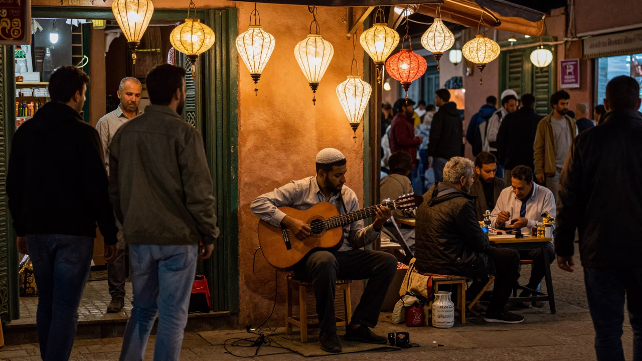 Late Night Street Musician Playing Guitar in Busy Marrakech Medina Square with Lantern Light in in Marrakech, Morocco