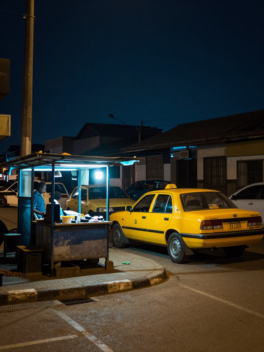 Late Night Street Scene in Accra Ghana with Yellow Taxi and Neon Signs in in Accra, Ghana