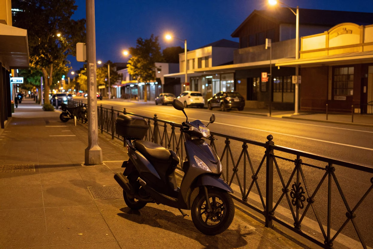 Late Night Street Scene in Adelaide South Australia With Parked Scooter and Urban Architecture in in Adelaide, South Australia, Australia