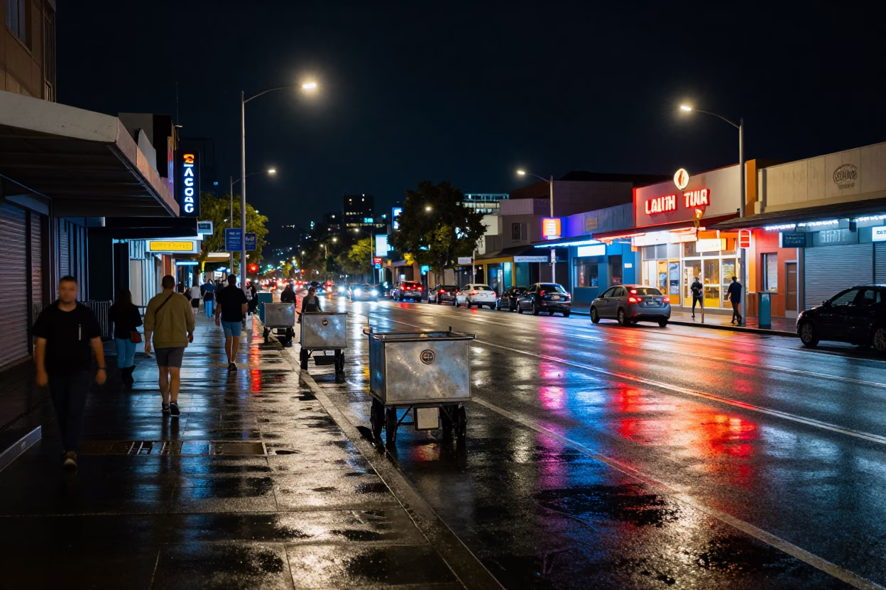 Late Night Street Scene in Adelaide South Australia with Rolling Carts and Urban Illumination in in Adelaide, South Australia, Australia