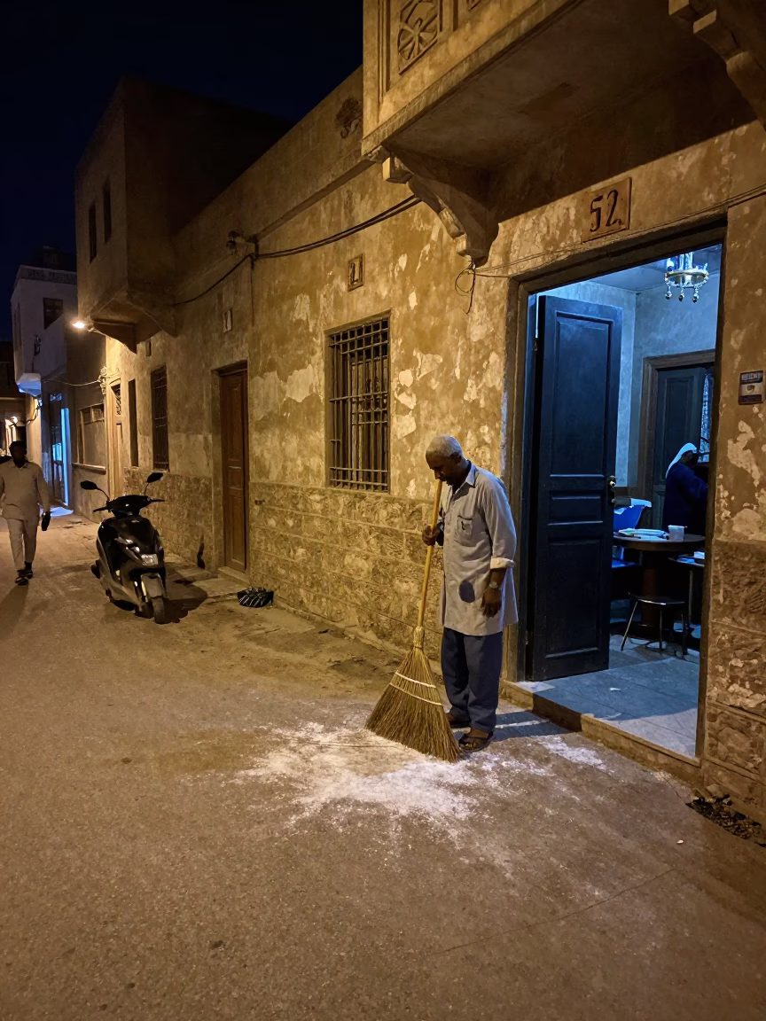 Late Night Street Scene in Alexandria Egypt with Broom and Salt Shaker in in Alexandria, Egypt
