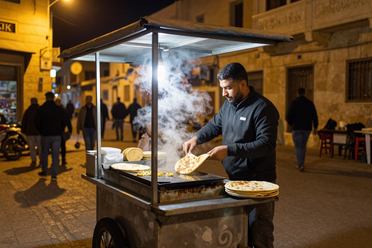 Late Night Street Scene in Alexandria Egypt with Local Food Vendor and Urban Architecture in in Alexandria, Egypt