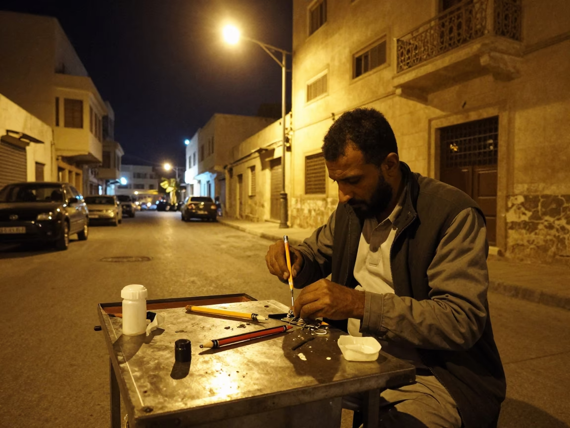 Late Night Street Scene in Alexandria Egypt with Mechanical Pencil and Scratches in in Alexandria, Egypt