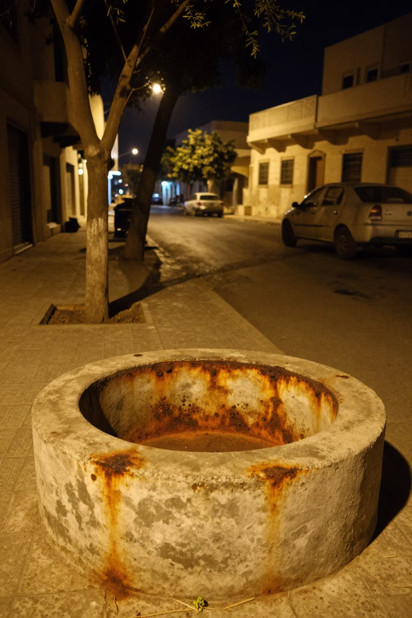 Late Night Street Scene in Alexandria Egypt with Rusty Basin and Tree in in Alexandria, Egypt