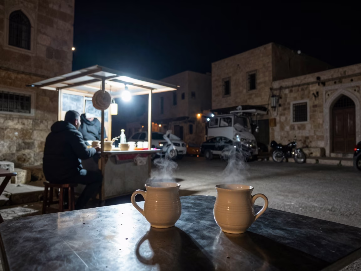 Late Night Street Scene in Amman Jordan with Ceramic Mugs and Bookend in in Amman, Jordan