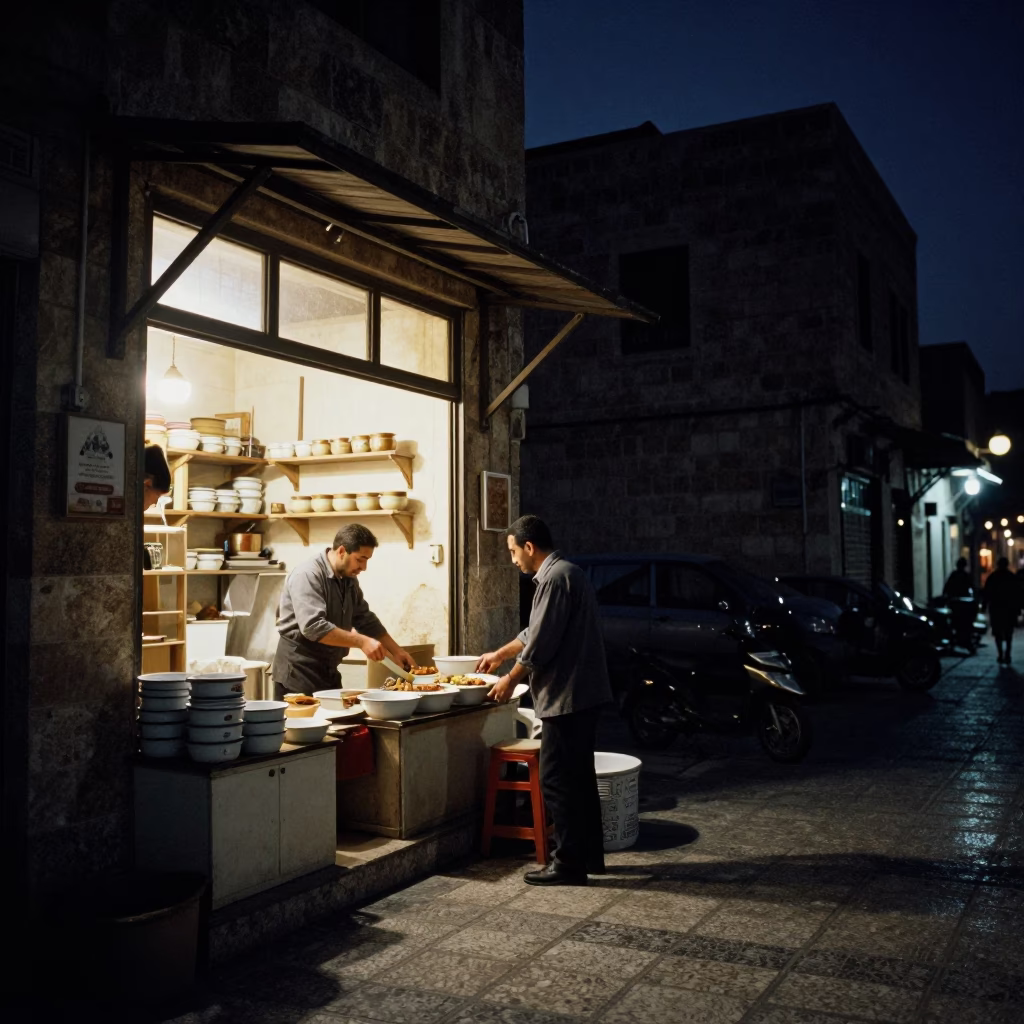Late Night Street Scene in Amman Jordan with Enamel Bowls and Traditional Bakery Interior in in Amman, Jordan