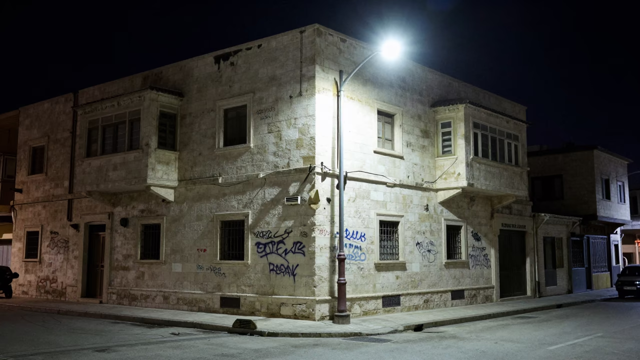 Late Night Street Scene in Amman Jordan with Faded Graffiti and Distant City Lights in in Amman, Jordan
