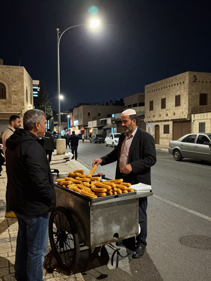 Late Night Street Scene in Amman Jordan with Traditional Food and Local Interaction in in Amman, Jordan