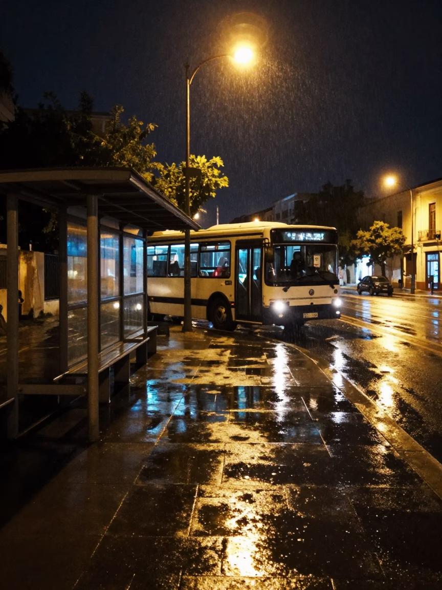 Late Night Street Scene in Athens Greece with Vintage Bus Stop and Urban Details in in Athens, Greece