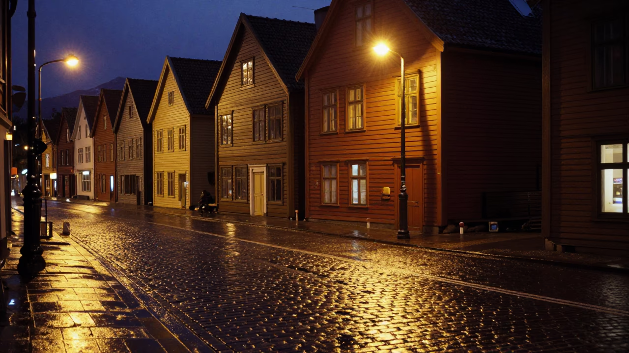 Late Night Street Scene in Bergen Norway with Cobblestones and Damp Stone Walls in in Bergen, Norway