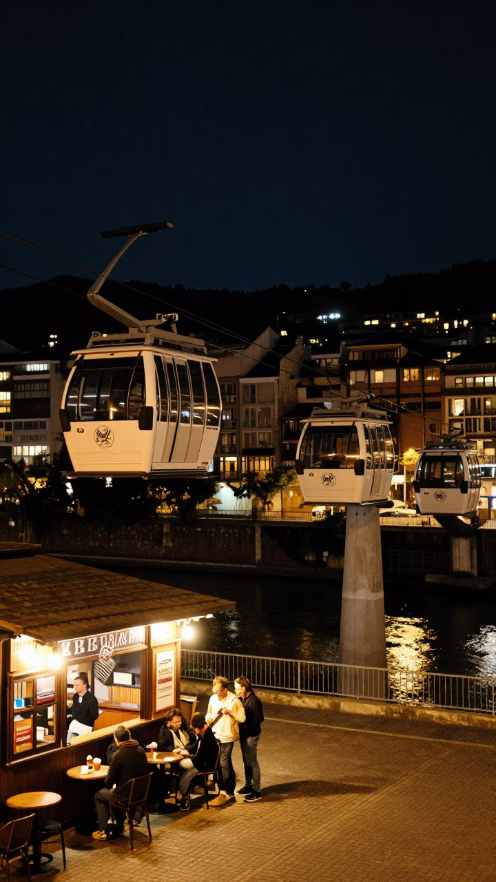 Late Night Street Scene in Bilbao Spain with Aerial Tramway and Urban Details in in Bilbao, Spain