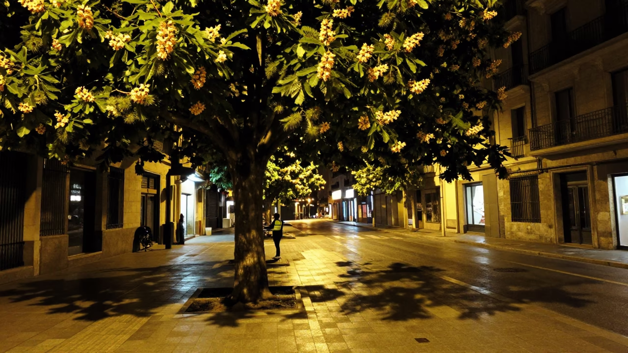 Late Night Street Scene in Bilbao Spain with Chestnut Tree and Urban Elements in in Bilbao, Spain