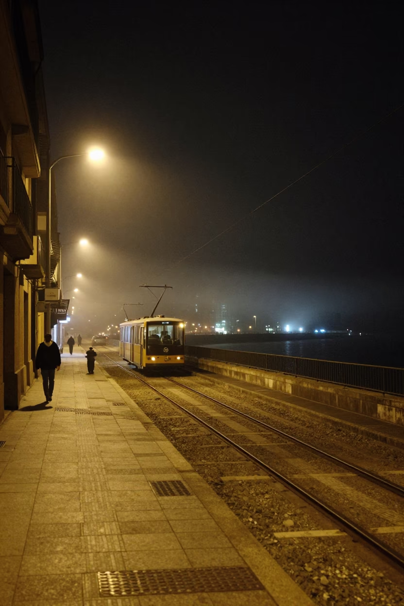 Late Night Street Scene in Bilbao Spain with Funicular Railway and Urban Lights in in Bilbao, Spain