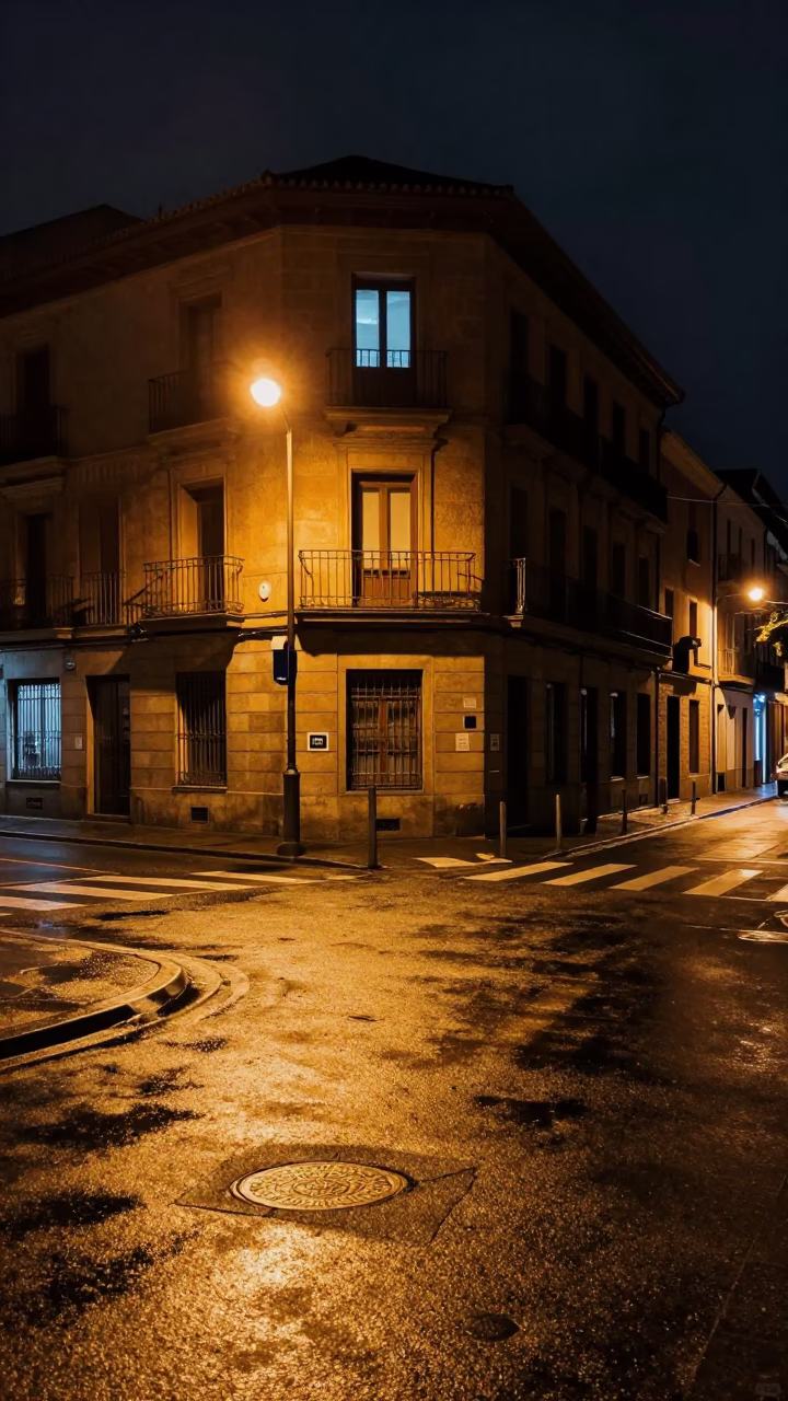 Late Night Street Scene in Bilbao Spain with Window Light and Urban Details in in Bilbao, Spain