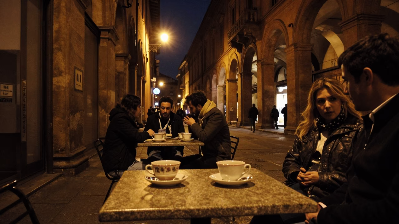 Late Night Street Scene in Bologna Italy with Teacups and Urban Life in in Bologna, Italy