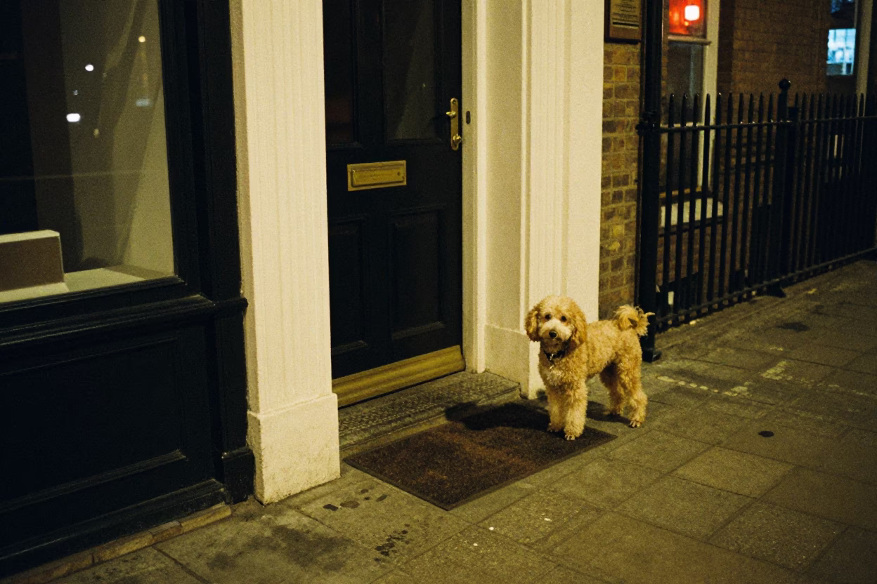 Late Night Street Scene in Bristol UK With Poodle And Doormat Outside Brick Building in in Bristol, United Kingdom