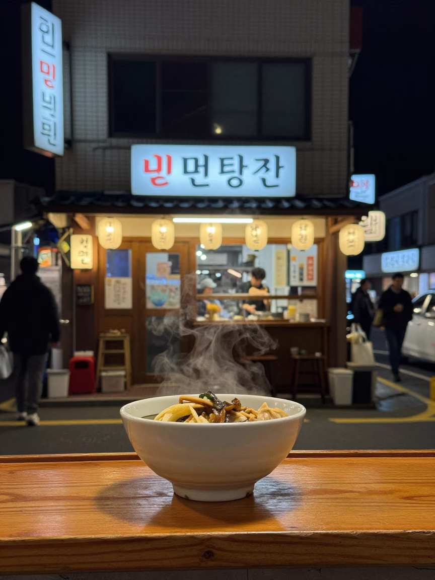 Late Night Street Scene in Busan South Korea with Ceramic Bowl and Rusty Basin in in Busan, South Korea