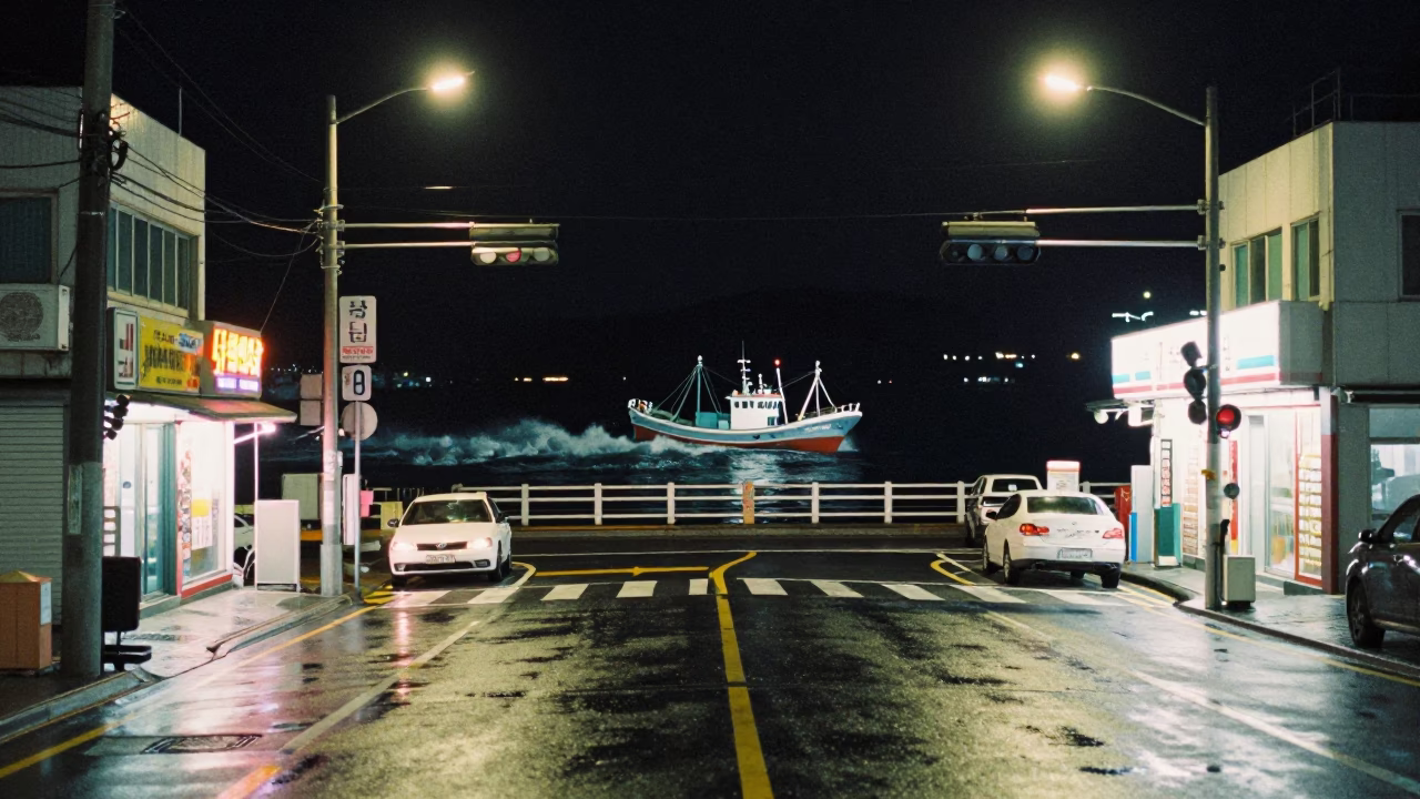 Late Night Street Scene in Busan South Korea with Fishing Boat and Urban Lights in in Busan, South Korea