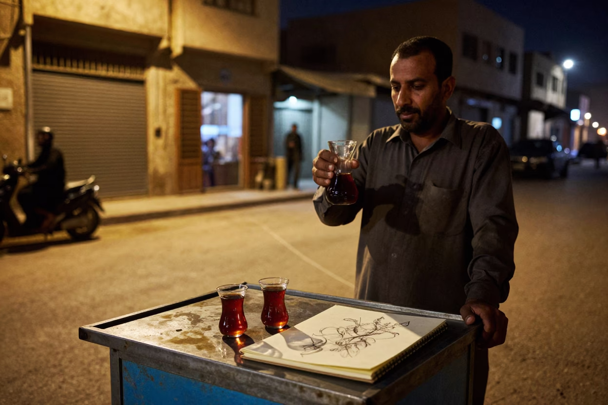 Late Night Street Scene in Cairo Egypt with Carafe and Sketchbook in in Cairo, Egypt