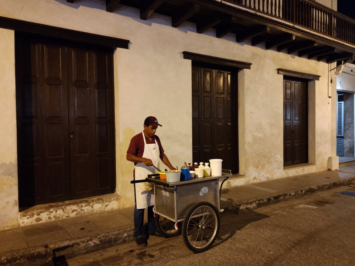 Late Night Street Scene in Cartagena Colombia with Apron and Spanner in in Cartagena, Colombia