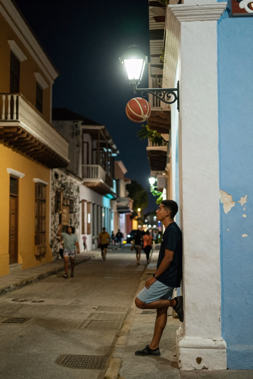 Late Night Street Scene in Cartagena Colombia With Leather Basketball and Water Bottle in in Cartagena, Colombia