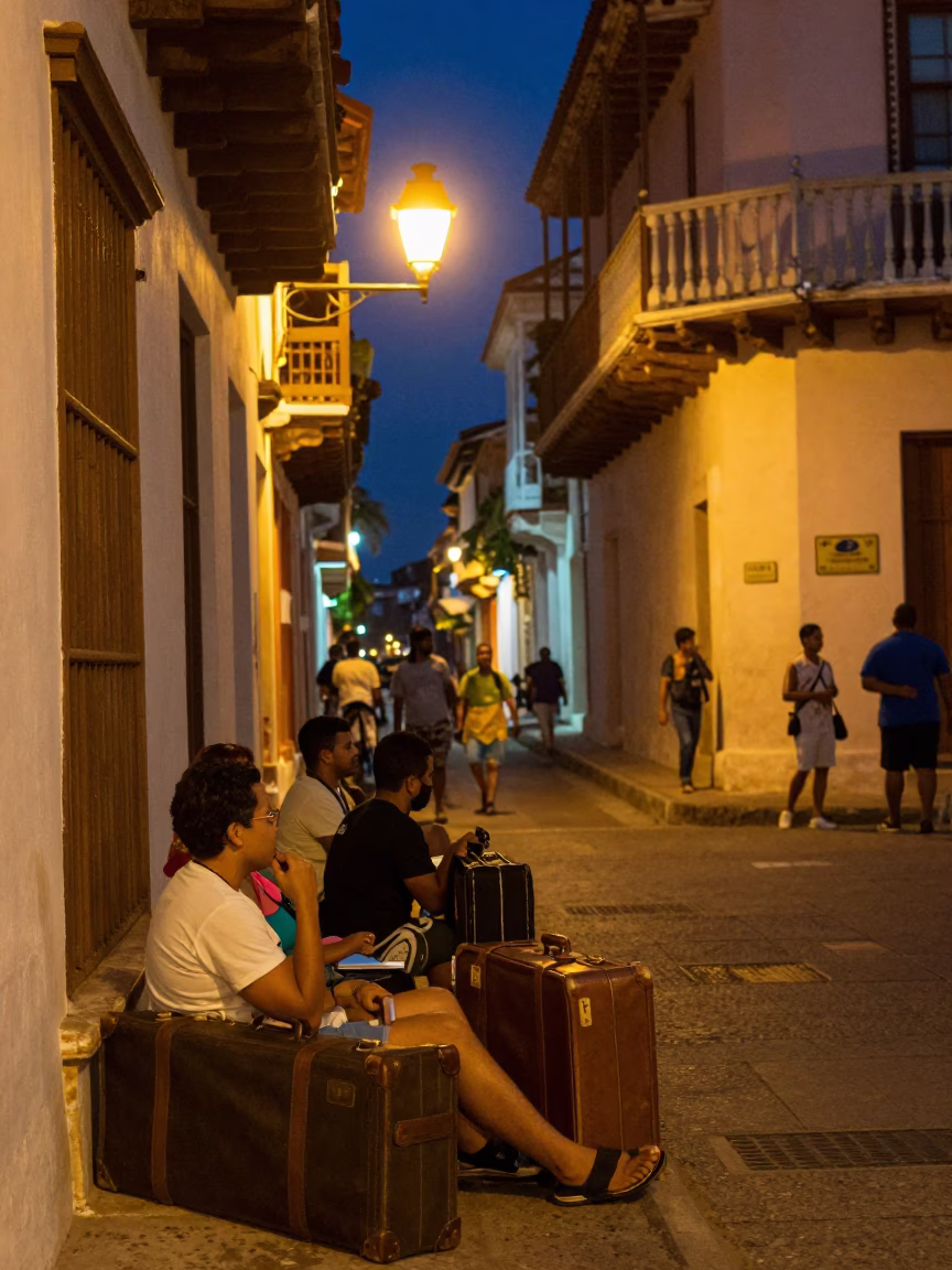 Late Night Street Scene in Cartagena Colombia with Vintage Suitcases and Neon in in Cartagena, Colombia