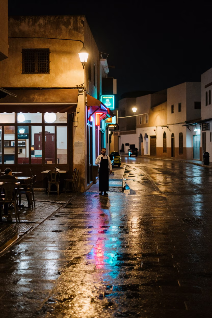 Late Night Street Scene in Casablanca Morocco with Neon Reflections and Urban Life in in Casablanca, Morocco
