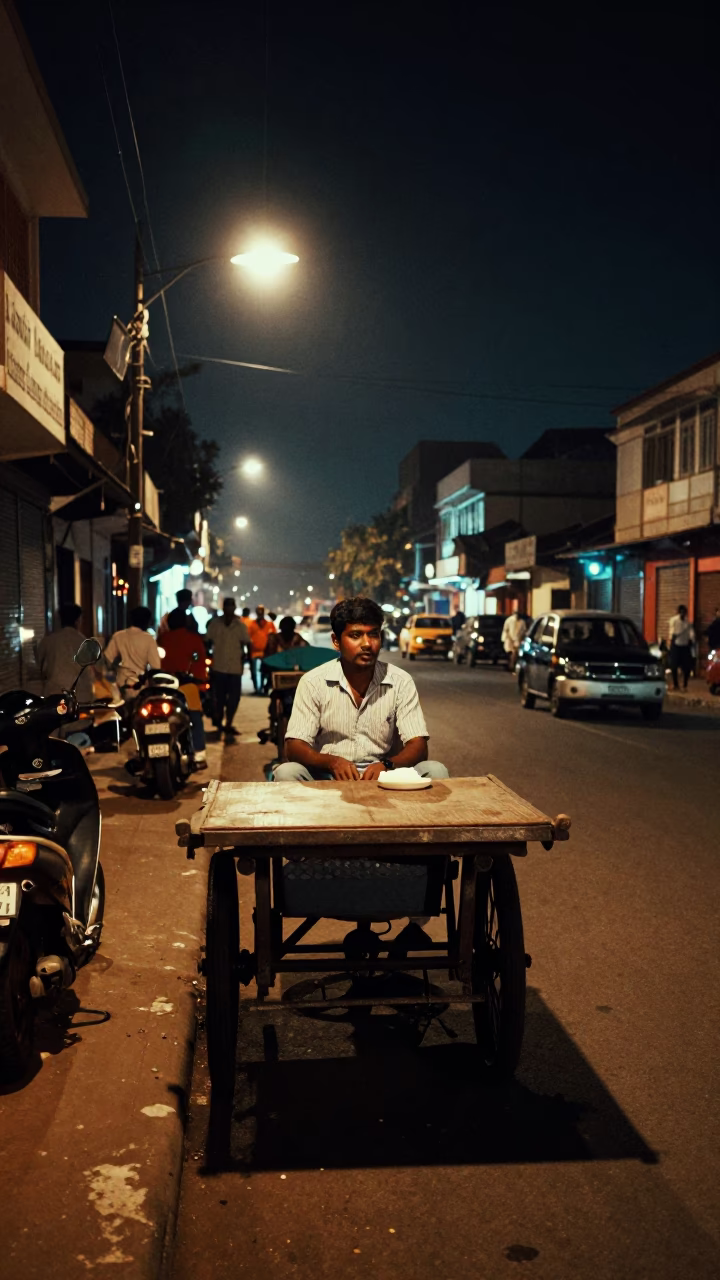 Late Night Street Scene in Chennai India with Vintage 1960s Aesthetic and Local Life in in Chennai, India