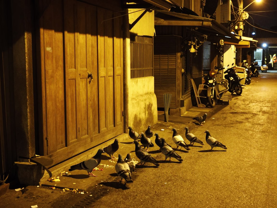 Late Night Street Scene in Chiang Mai Thailand with Pigeons and Local Market Activity in in Chiang Mai, Thailand