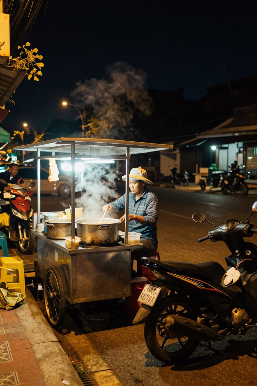 Late Night Street Scene in Chiang Mai Thailand with Vendor and Motorbike in in Chiang Mai, Thailand