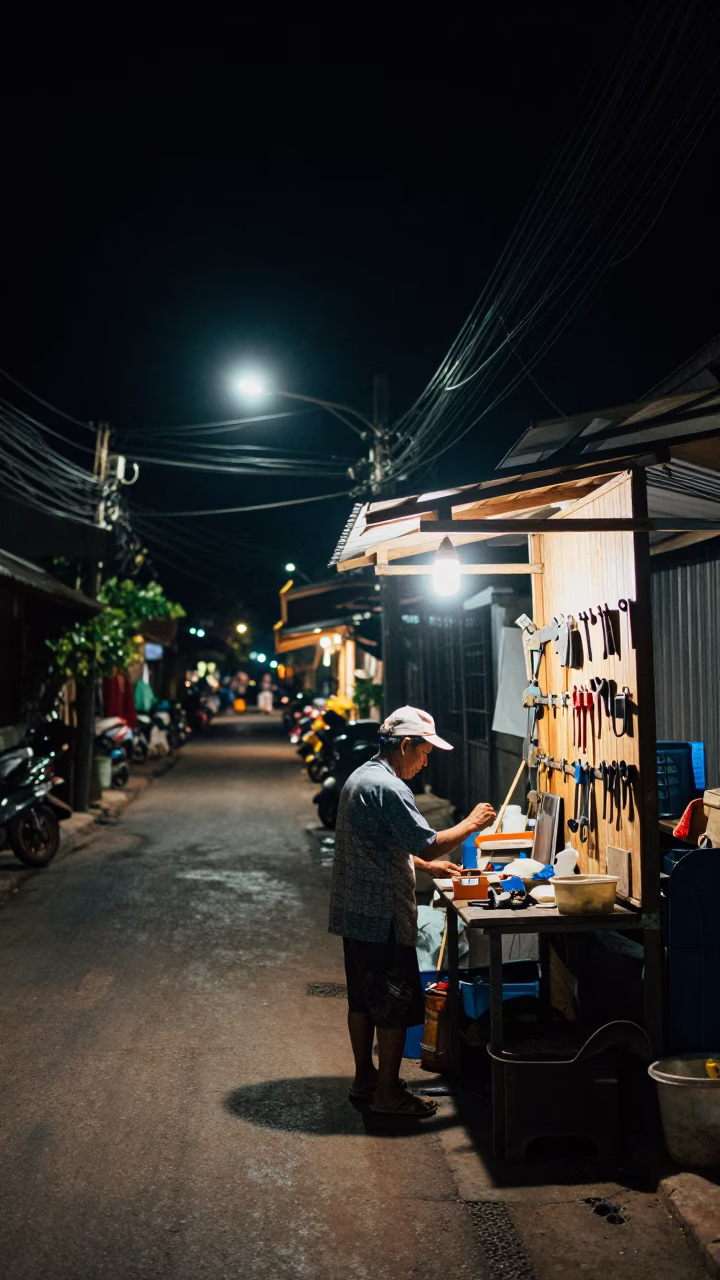 Late Night Street Scene in Chiang Mai Thailand with Wooden Lampshade and Tool Pegboard in in Chiang Mai, Thailand