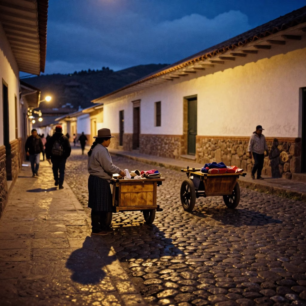 Late Night Street Scene in Cusco Peru with Blue and White Porcelain Bowl in in Cusco, Peru