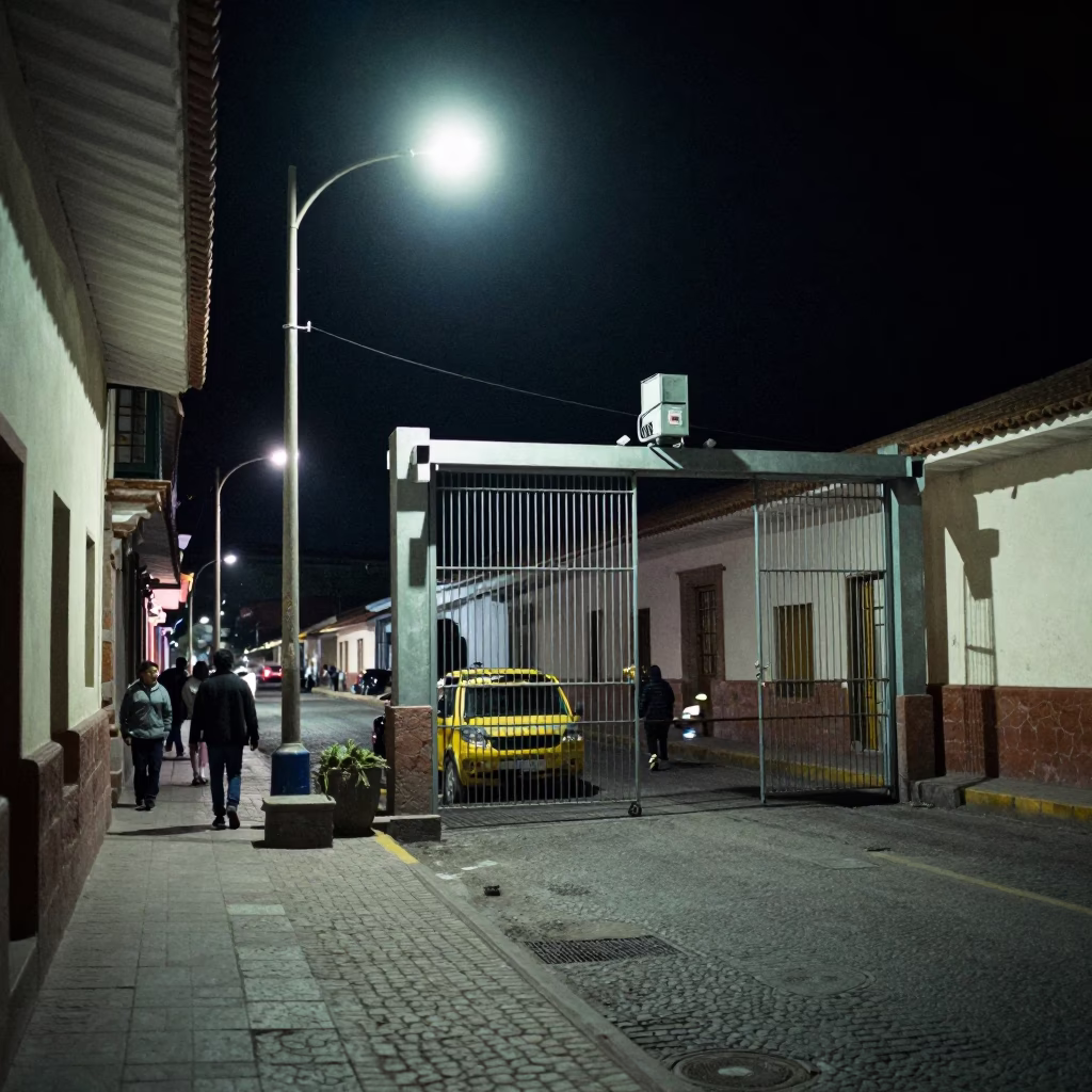 Late Night Street Scene in Cusco Peru with Construction Elevator Gate and Rebar Bundles in in Cusco, Peru
