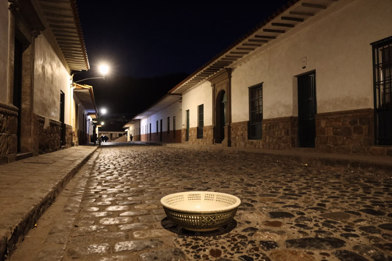 Late Night Street Scene in Cusco Peru With Crate And Bowl Outside Stone Building in in Cusco, Peru