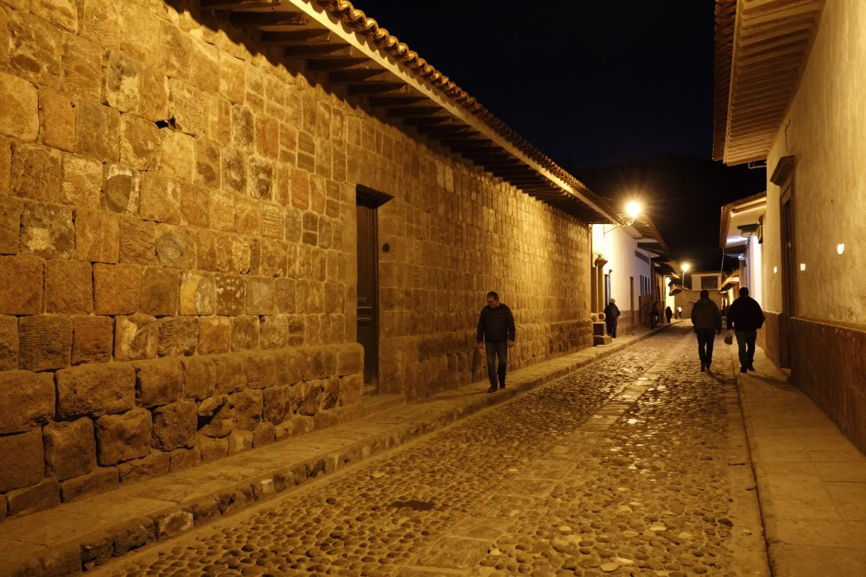 Late Night Street Scene in Cusco Peru With Illuminated Stone Walls And Local Activity in in Cusco, Peru