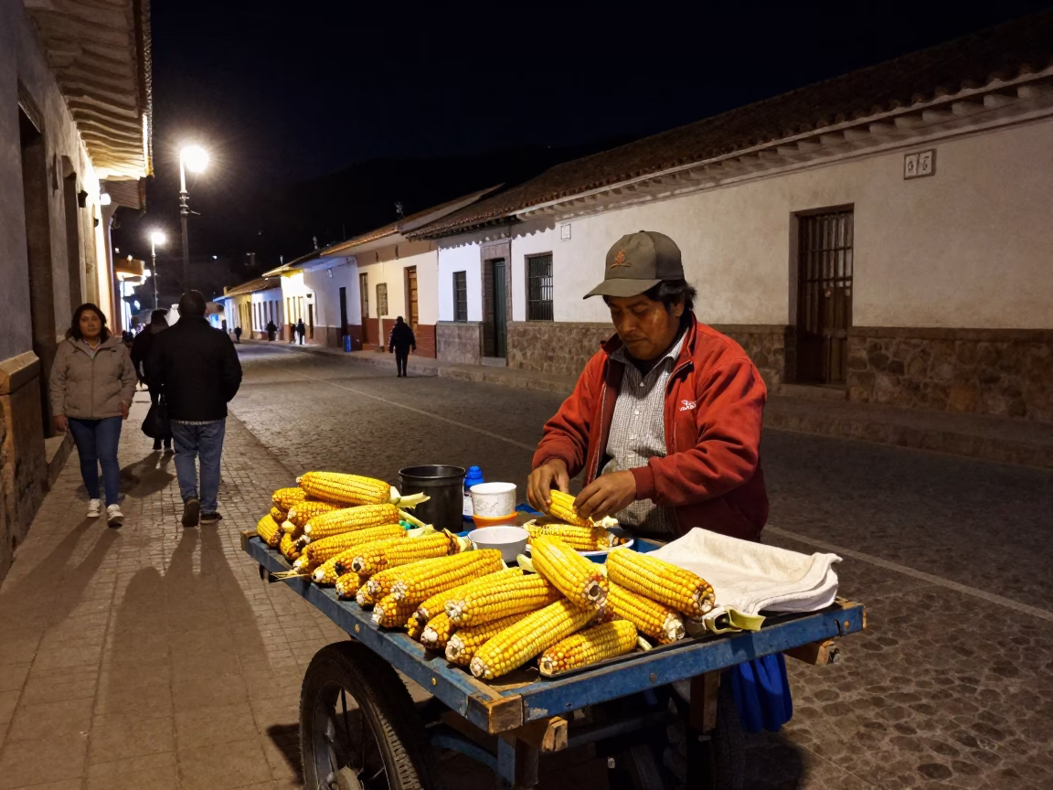 Late Night Street Scene in Cusco Peru with Local Vendor and Brushed Steel Details in in Cusco, Peru