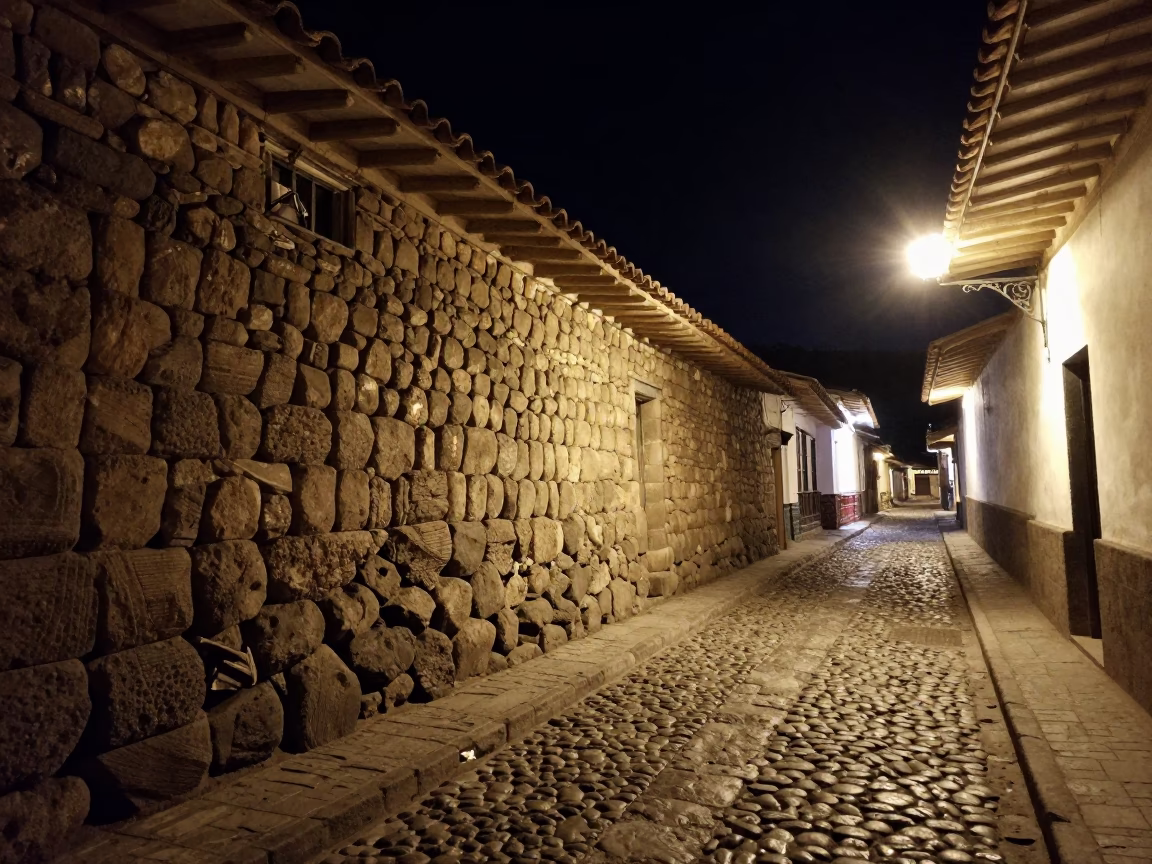 Late Night Street Scene in Cusco Peru with Stone Walls and Street Vendor in in Cusco, Peru