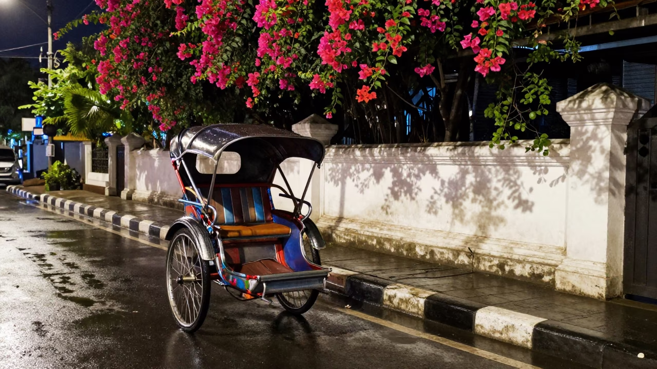 Late Night Street Scene in Denpasar Indonesia with Bougainvillea and Rickshaw in in Denpasar, Indonesia
