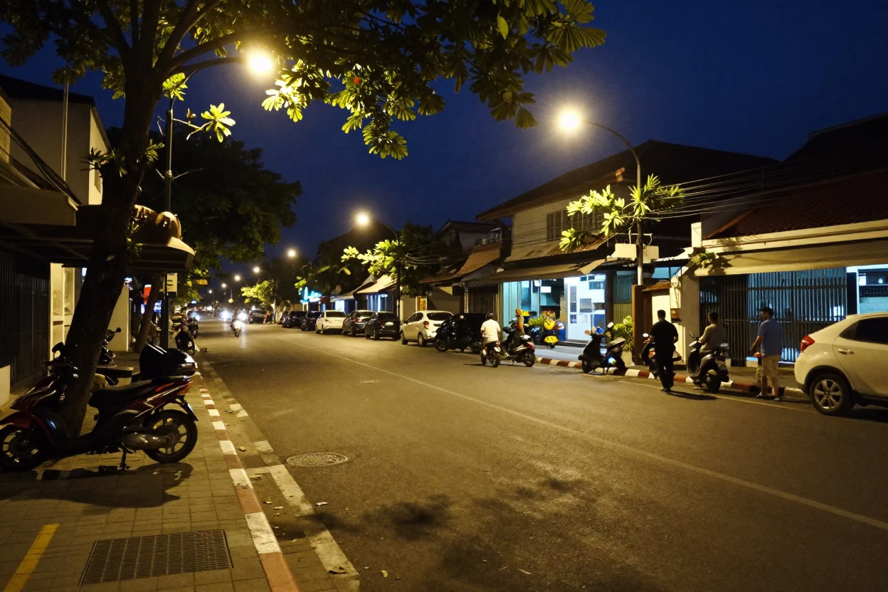 Late Night Street Scene in Denpasar Indonesia with Leaf Shadows and Local Market Activity in in Denpasar, Indonesia