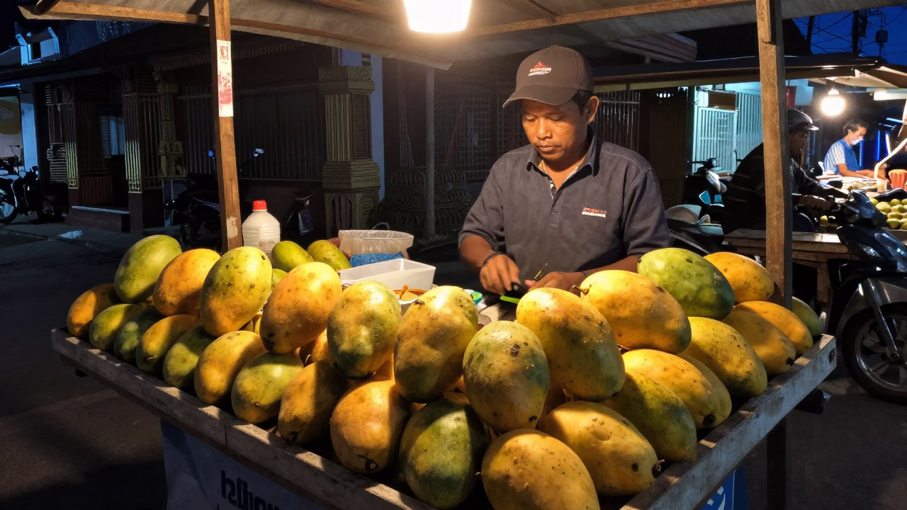 Late Night Street Scene in Denpasar Indonesia with Mangoes and Traditional Architecture in in Denpasar, Indonesia