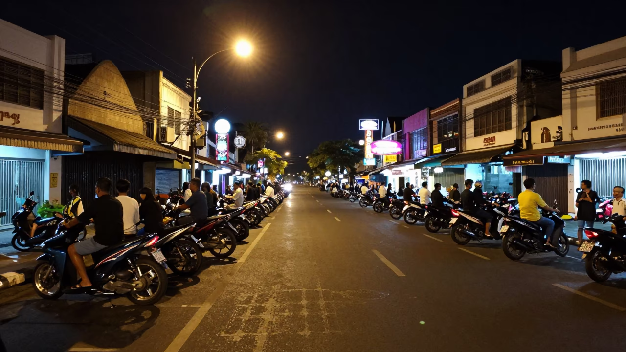 Late Night Street Scene in Denpasar Indonesia with Motorcycles and Neon Lights in in Denpasar, Indonesia