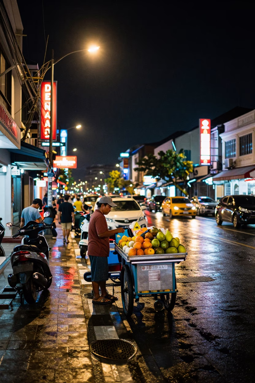 Late Night Street Scene in Denpasar Indonesia with Neon Lights and Local Activity in in Denpasar, Indonesia