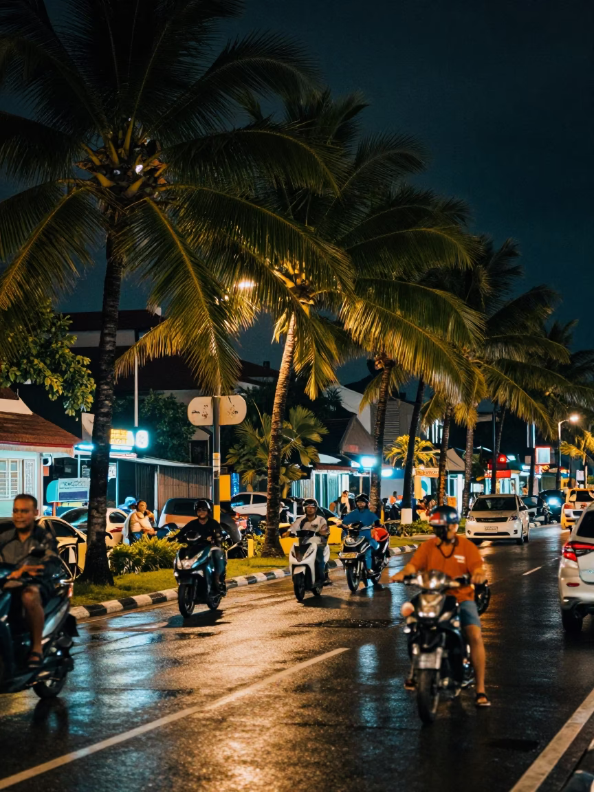 Late Night Street Scene in Denpasar Indonesia with Palm Trees and Neon Lights in in Denpasar, Indonesia