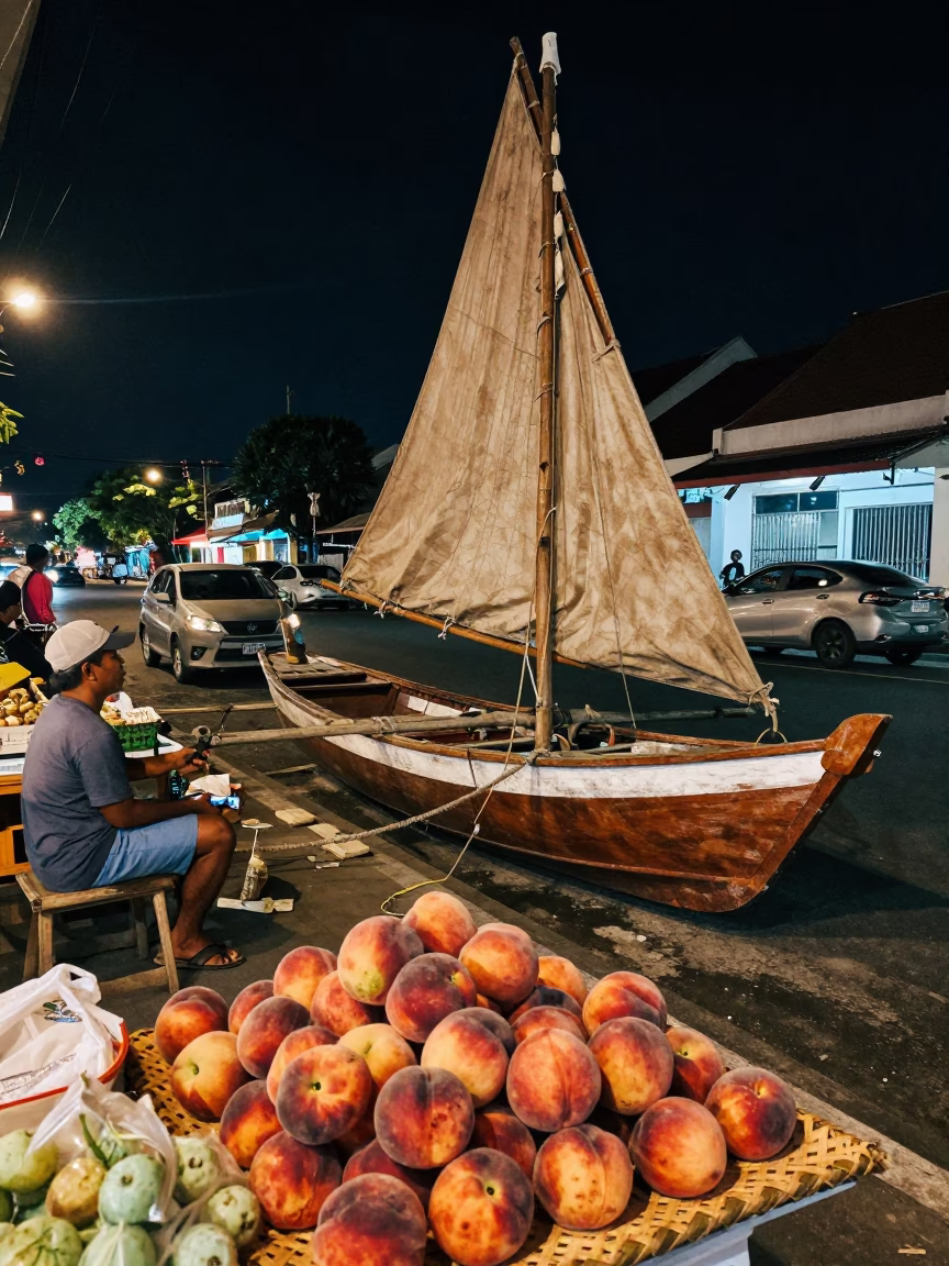Late Night Street Scene in Denpasar Indonesia with Wooden Sailboat and Peaches in in Denpasar, Indonesia