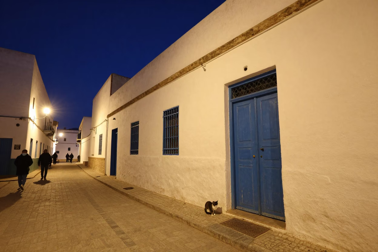 Late Night Street Scene in Essaouira Morocco with Cat and Door Handle in in Essaouira, Morocco